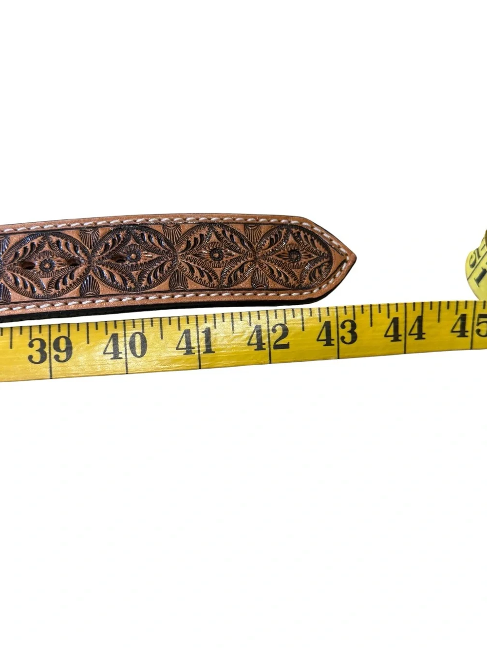 Hand-Tooled Brown Leather Men's 38 Belt with Decorative Silver Buckle